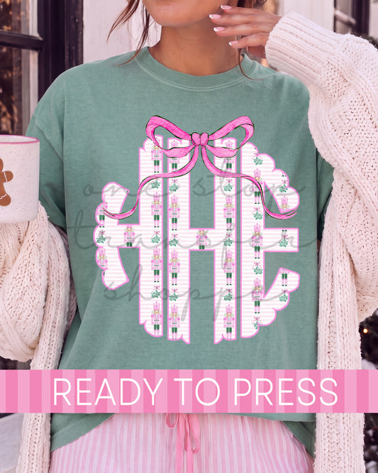 Preppy Scallop Pink Nutcracker Christmas Monogram - Ready to Press DTF Transfers