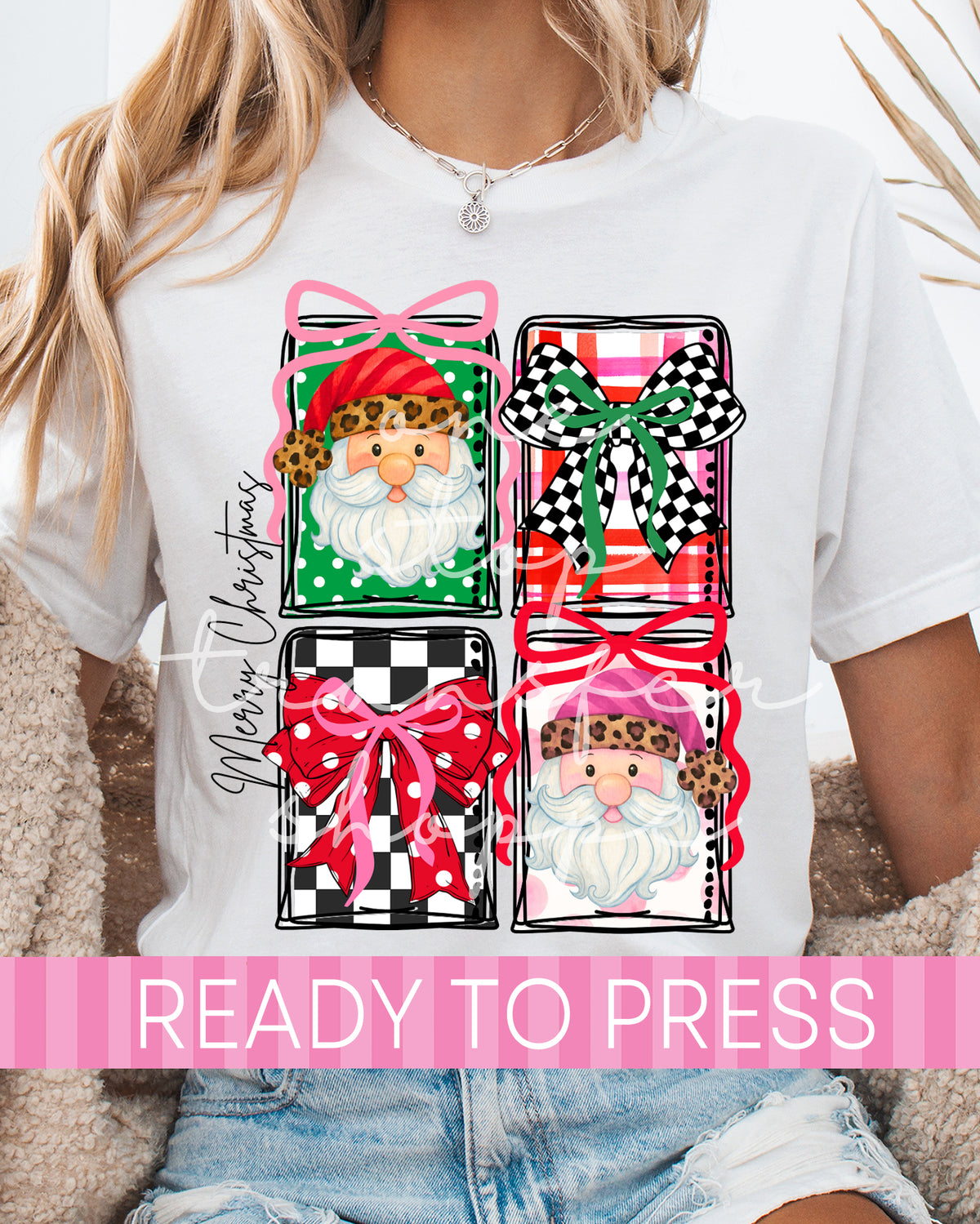Merry Christmas Checker Santas and Bows Boxes - Ready to Press DTF Transfers