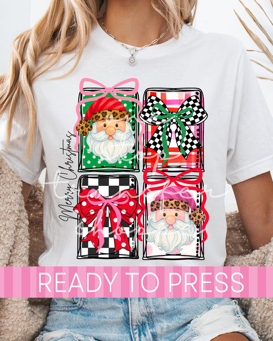 Merry Christmas Checker Santas and Bows Boxes - Ready to Press DTF Transfers