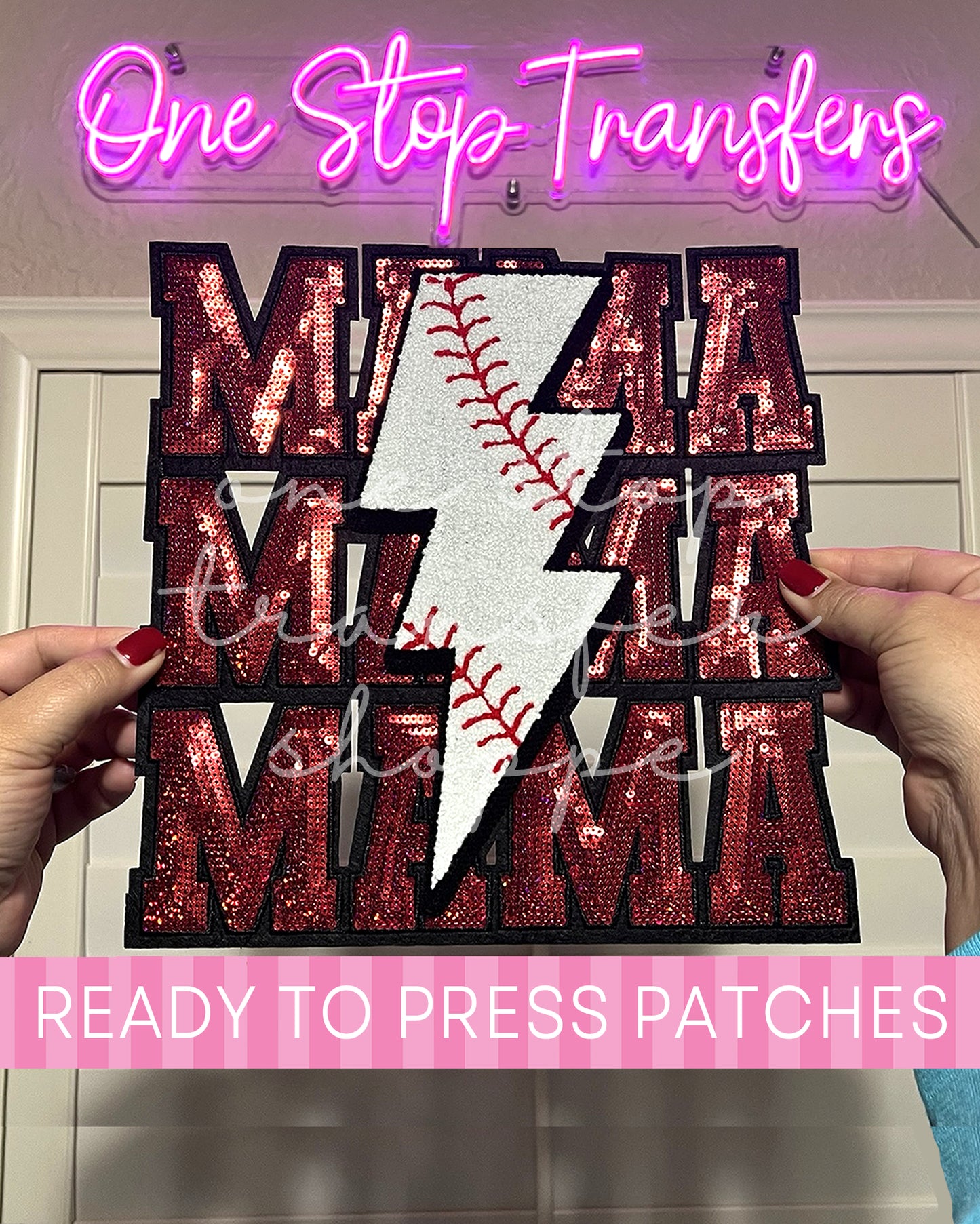 Stacked Lightning Baseball MAMA Chenille Sequin Iron On Patch - Ready to Press Patches