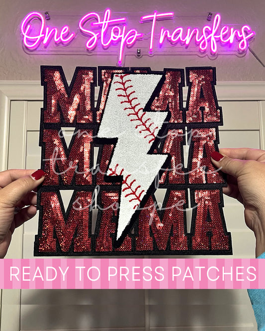 Stacked Lightning Baseball MAMA Chenille Sequin Iron On Patch - Ready to Press Patches
