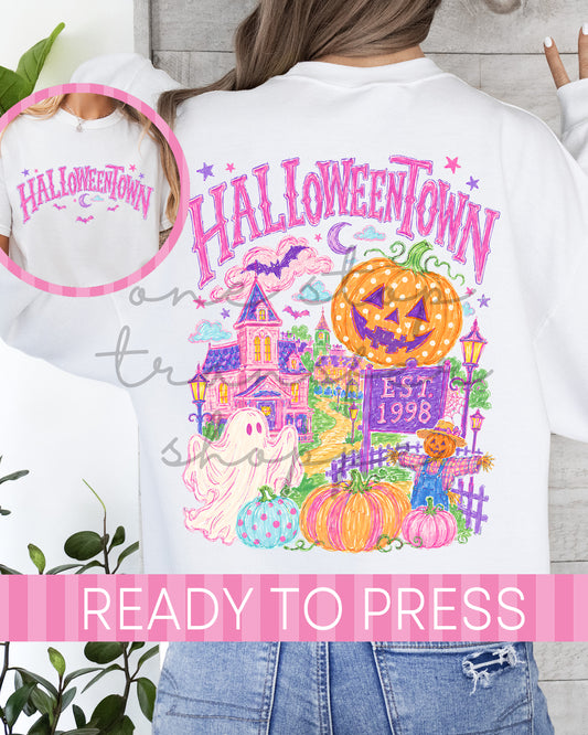 Pink Whimsy Halloween City Full Size Front and Back - Ready to Press DTF Transfer
