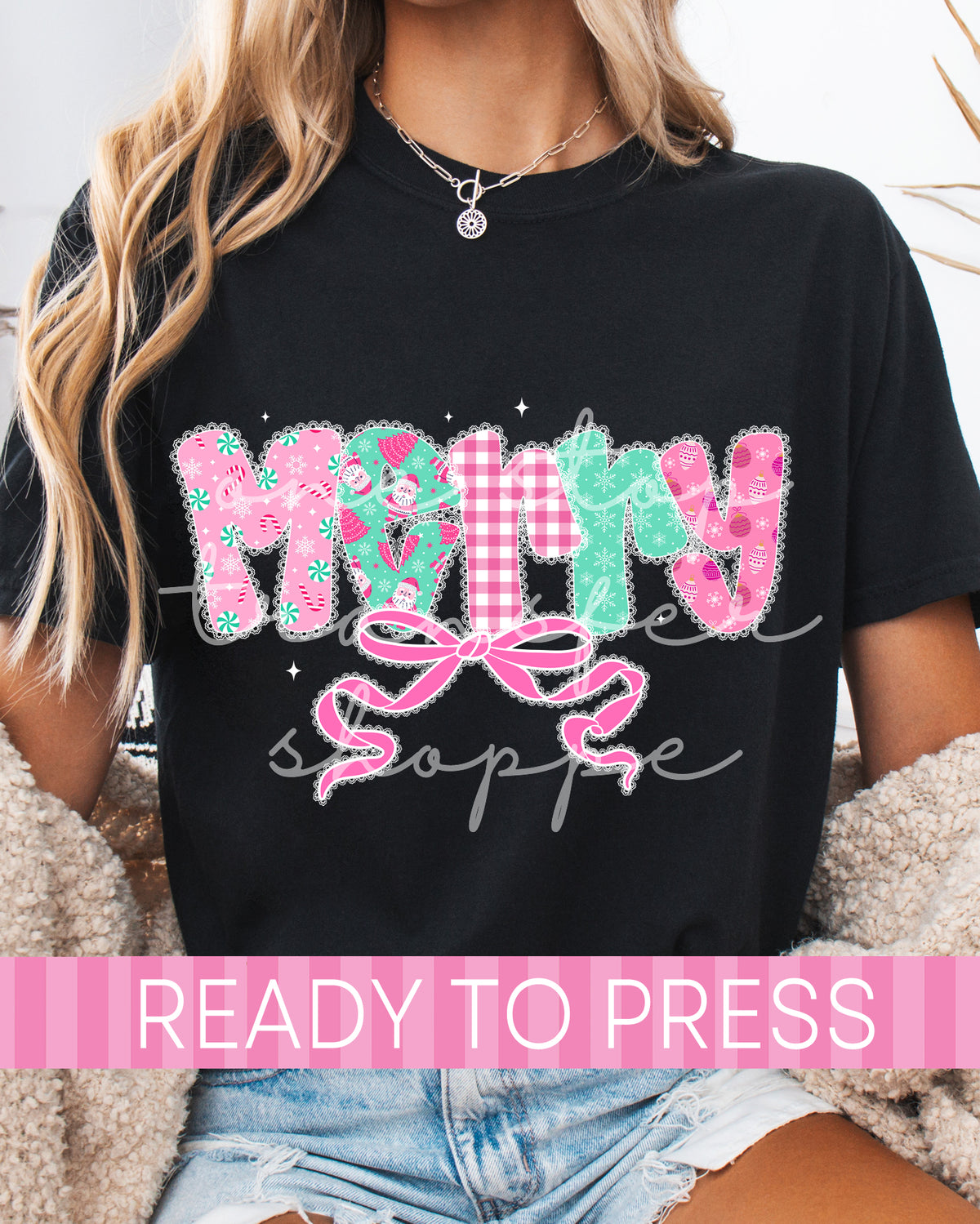 Shabby Chic Pink and Mint Coquette MERRY - Ready to Press DTF Transfers