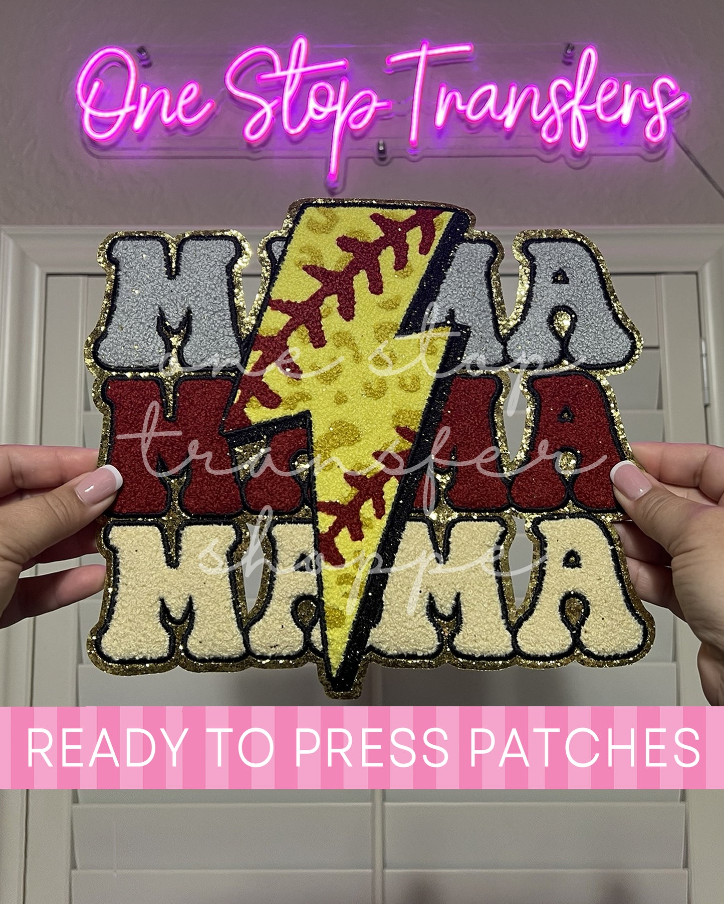 Stacked Lightning Maroon Softball MAMA Chenille Iron On Patch - Ready to Press Patches