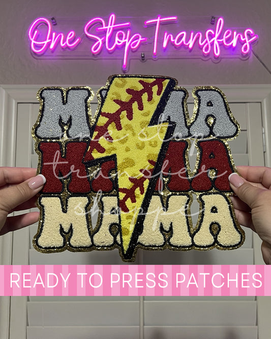 Stacked Lightning Maroon Softball MAMA Chenille Iron On Patch - Ready to Press Patches