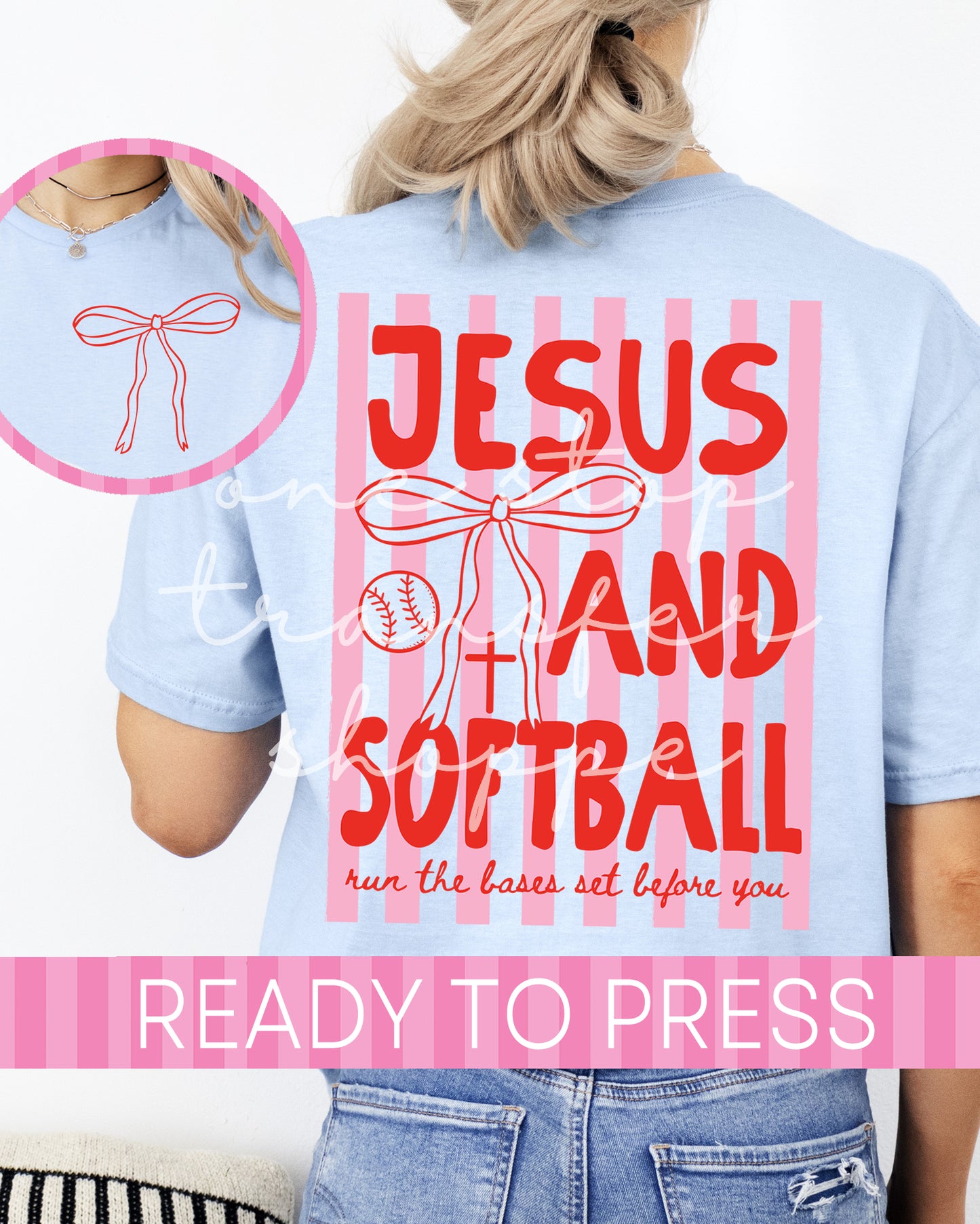 Red and Pink Jesus and Softball Stripes - Ready to Press DTF Transfer with Pocket