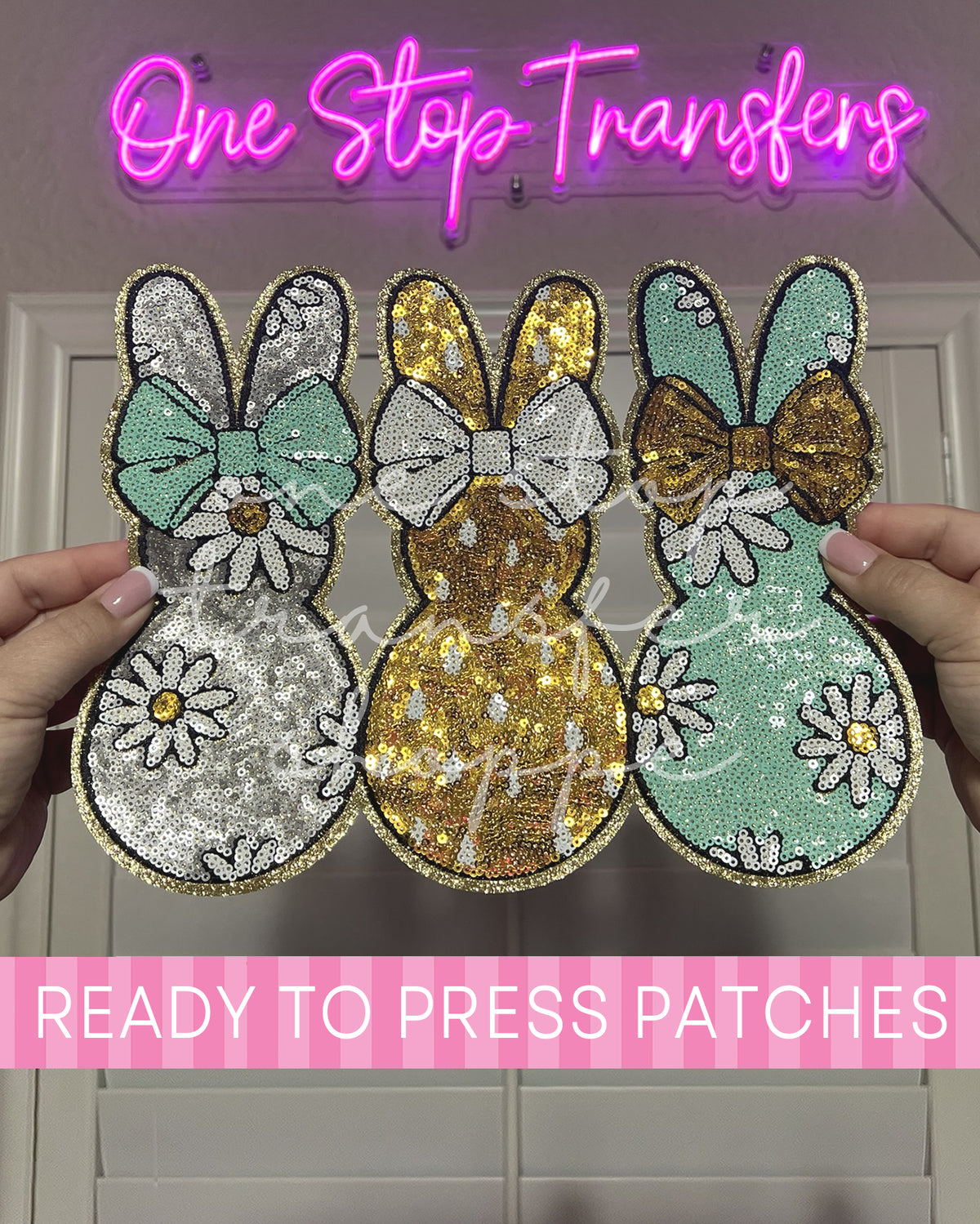 Pastel Trio Floral Bunnies Sequin Iron On Patch - Ready to Press Patches
