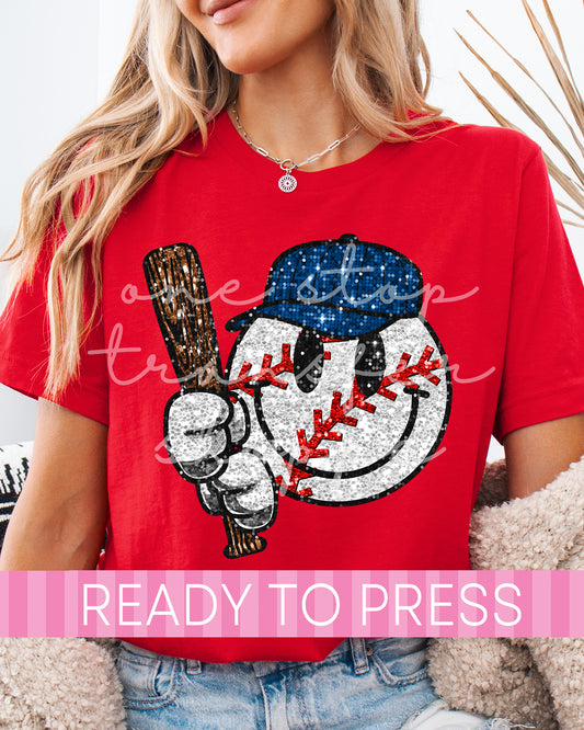 Faux Glitter Baseball Smiley Face - Ready to Press DTF Transfers