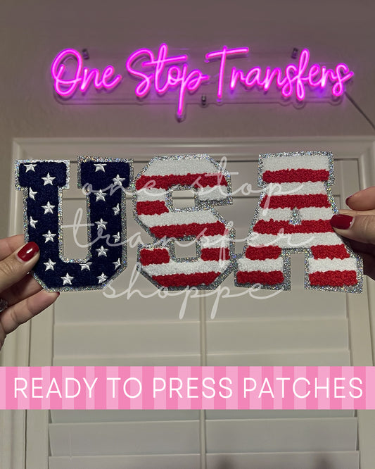 USA American Flag Chenille Letters Iron On Patch - Ready to Press Patches