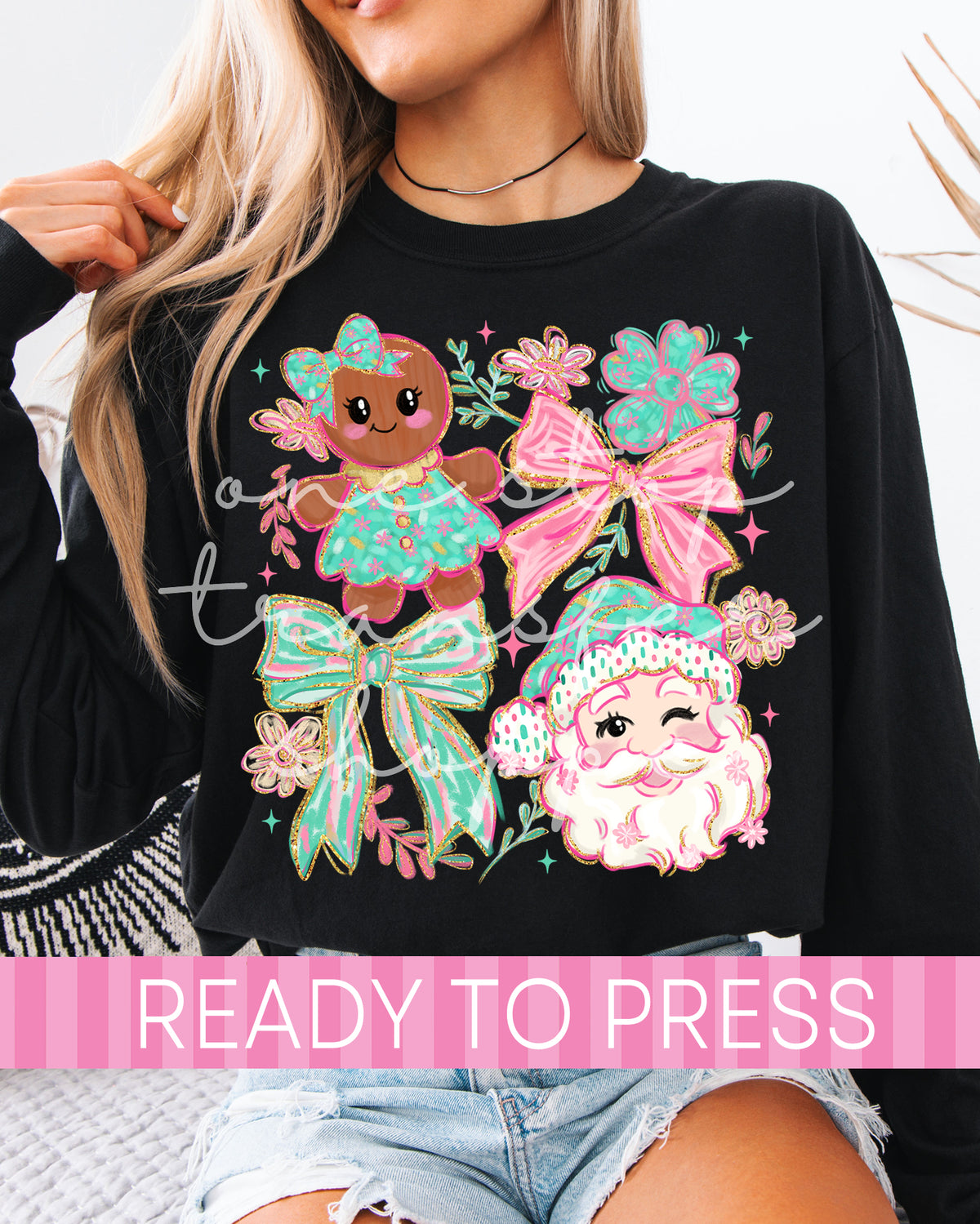 Preppy Watercolor Floral Santa and Gingerbread Girl - Ready to Press DTF Transfers