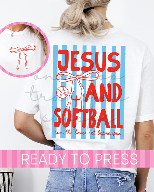 Red and Blue Jesus and Softball Stripes - Ready to Press DTF Transfer with Pocket