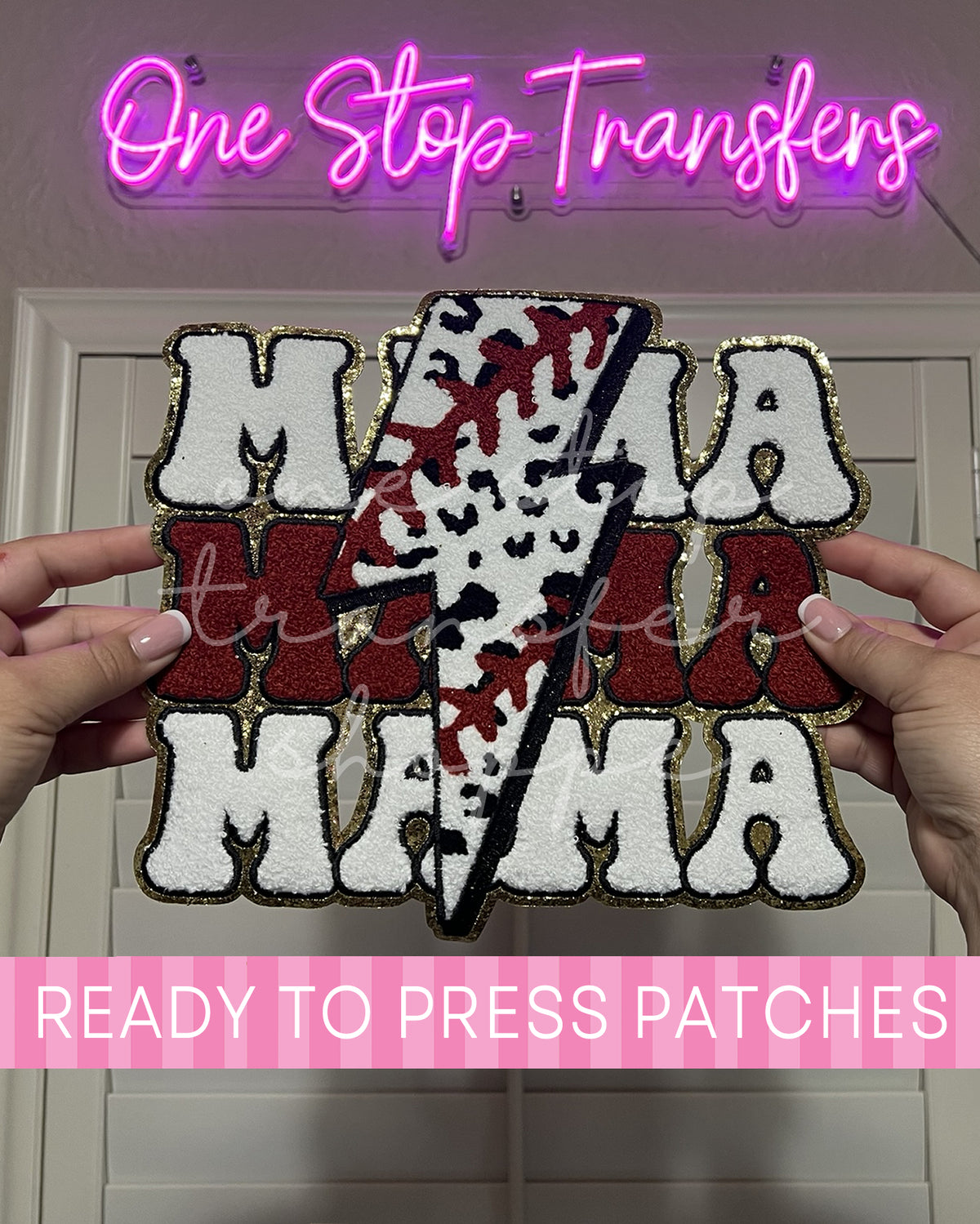 Stacked Leopard Lightning Baseball MAMA Chenille Iron On Patch - Ready to Press Patches