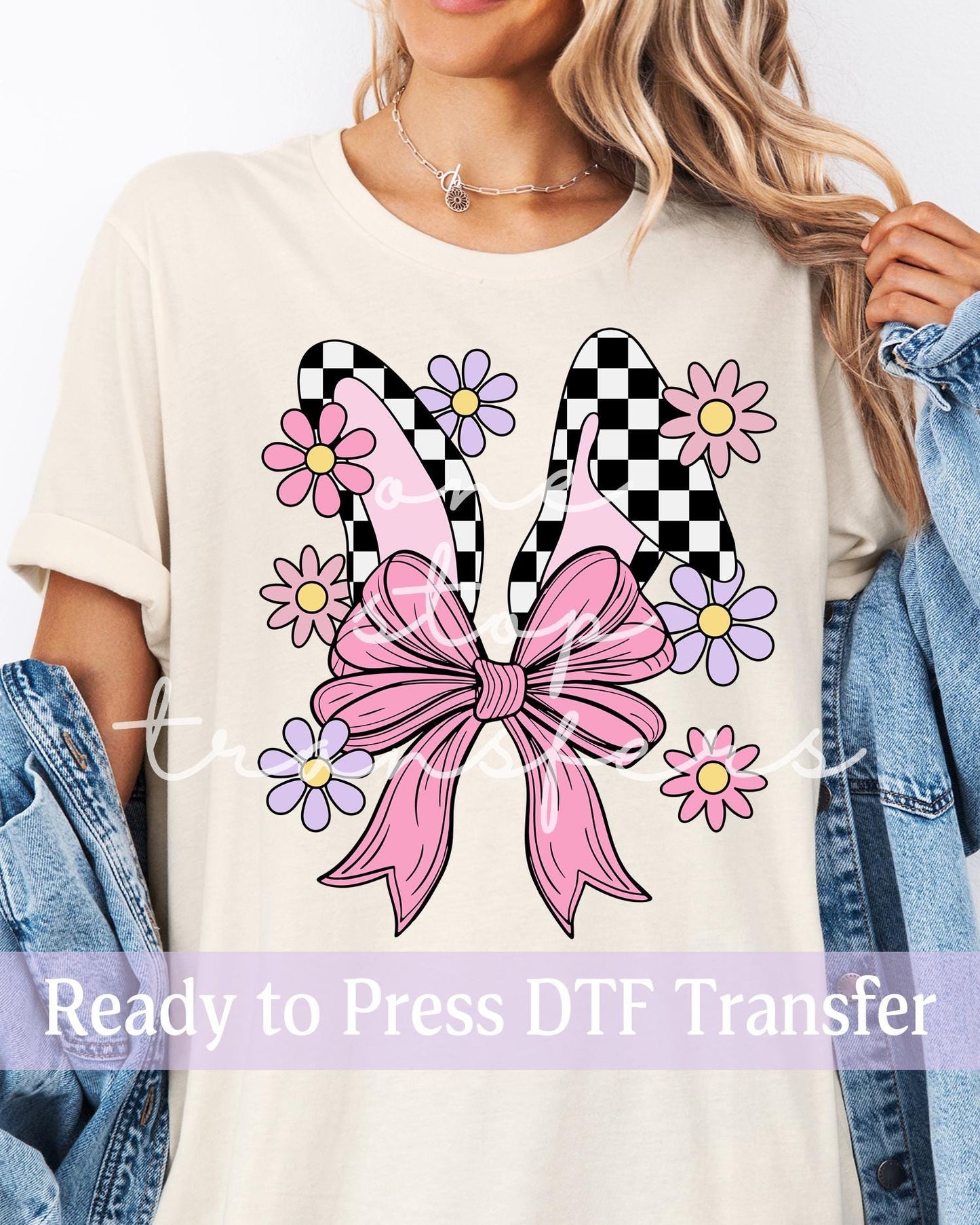 Coquette Easter Floral Checker Bunny Ears - Ready to Press DTF Transfers