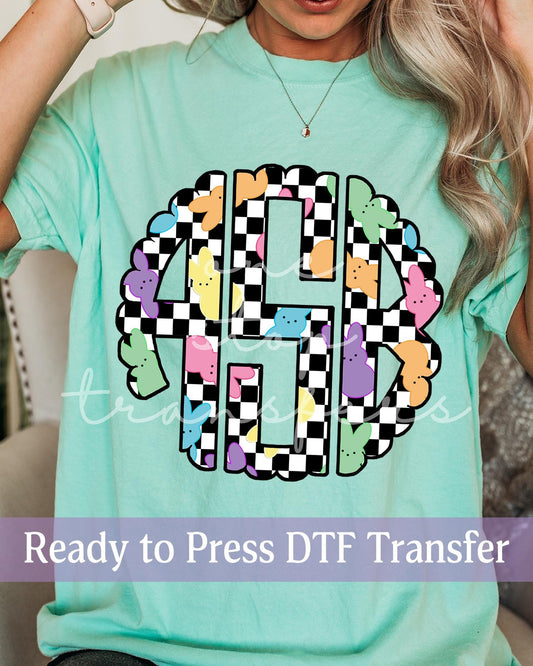 Preppy Spring Easter Peeps Black Checker Monogram - Ready to Press DTF Transfers