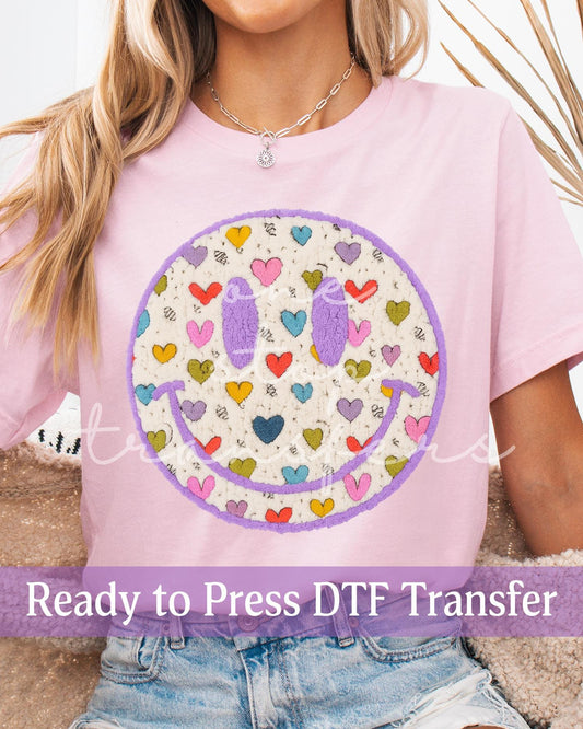 Valentine's Day Faux Chenille Color Hearts Smiley Face - Ready to Press DTF Transfers
