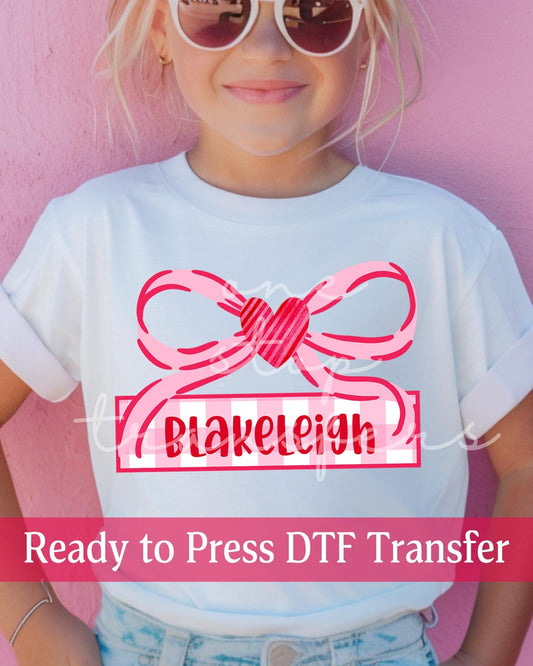 Custom Girl Valentine's Day Preppy Heart Bow Gingham Name Plate - Ready to Press DTF Transfers