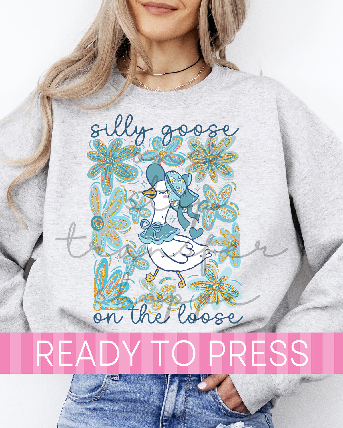 Blue Floral Silly Goose On The Loose - Ready to Press DTF Transfers