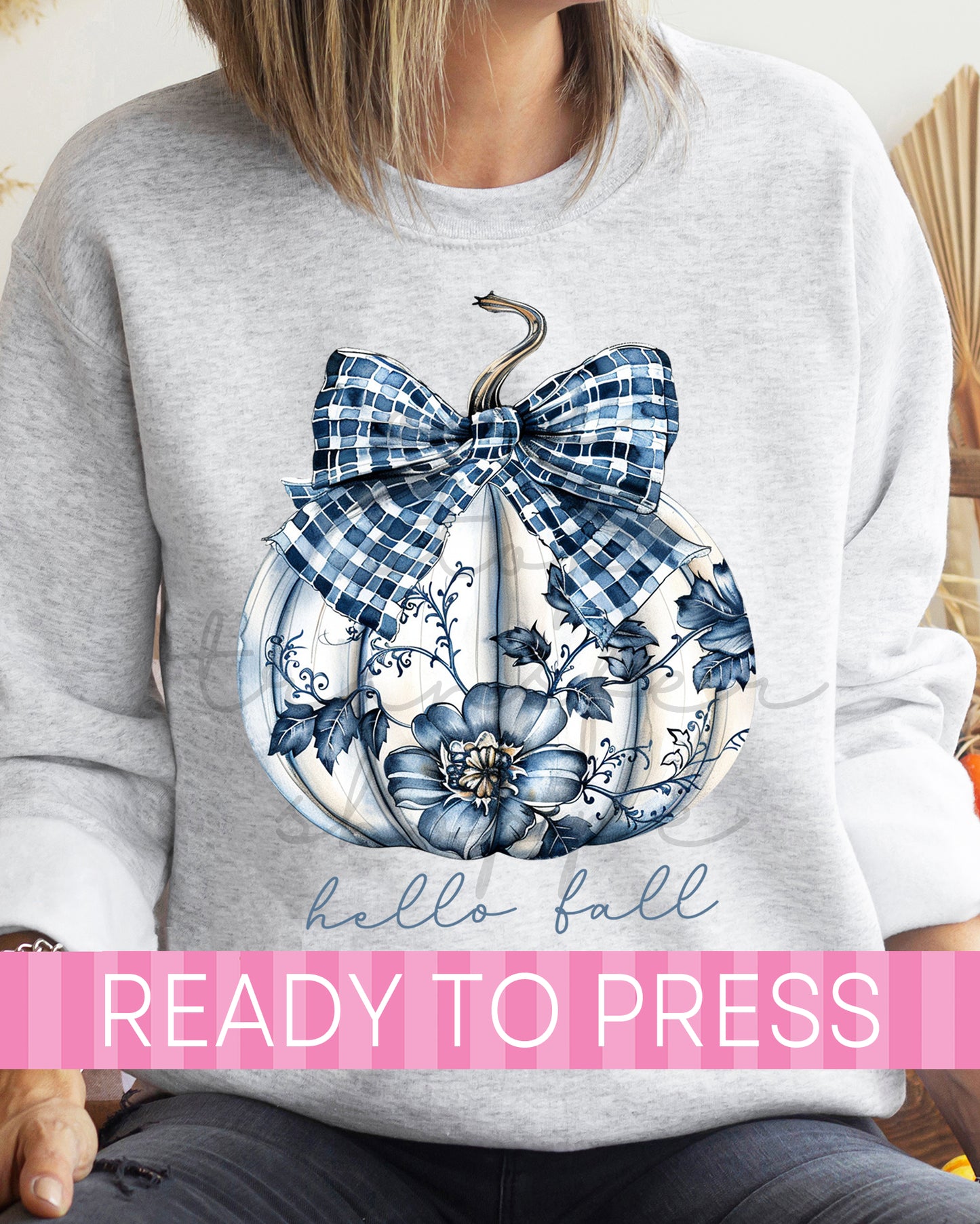Blue Chinoiserie Hello Fall Pumpkin - Ready to Press DTF Transfers