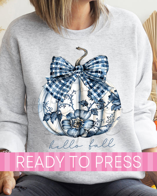 Blue Chinoiserie Hello Fall Pumpkin - Ready to Press DTF Transfers