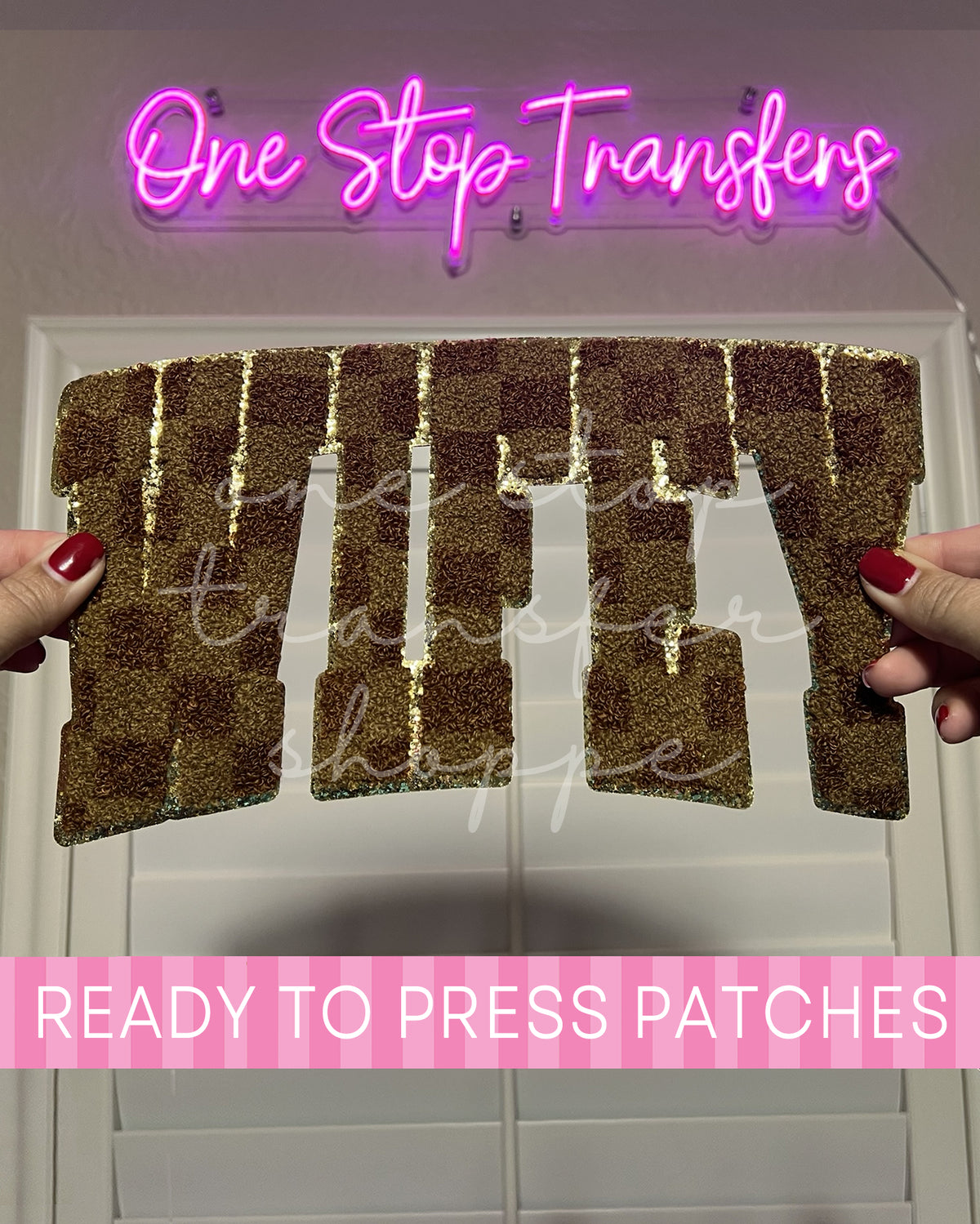 Brown Checker Wifey Chenille Iron On Patch - Ready to Press Patches