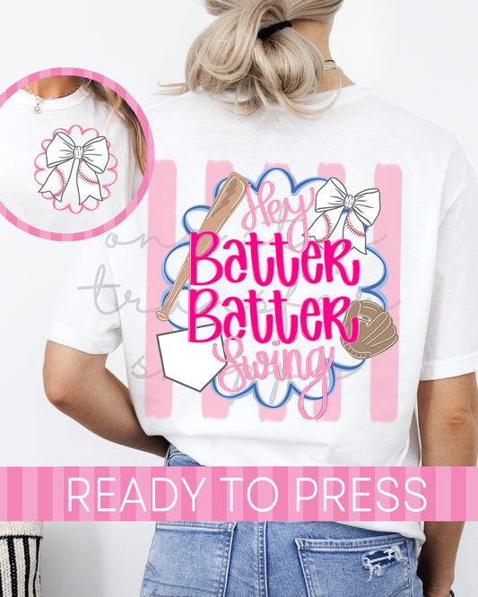 Preppy Pink Stripes Hey Batter Batter Swing - Ready to Press DTF Transfer with Pocket