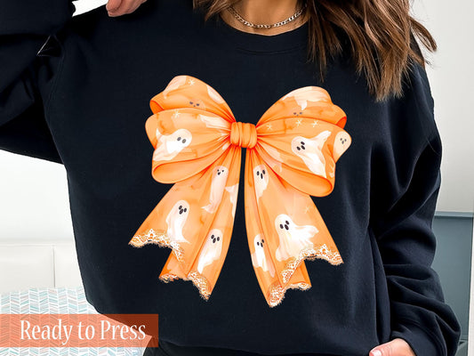 Orange Coquette Halloween Ghost Bow - Ready to Press DTF Transfers