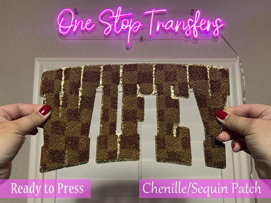 Brown Checker Wifey Chenille Iron On Patch - Ready to Press Patches
