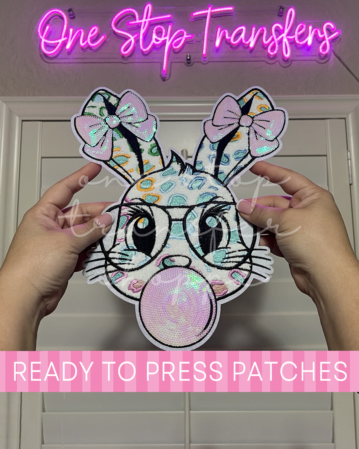 Pastel Bunny Blowing Bubble Chenille Sequin Iron On Patch - Ready to Press Patches