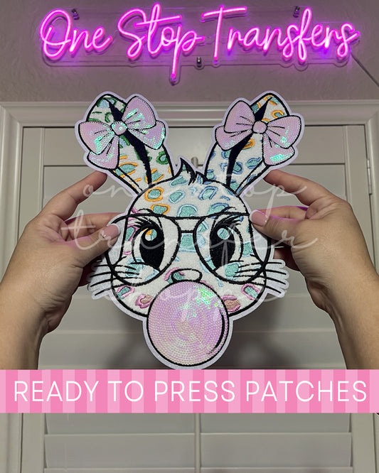 Pastel Bunny Blowing Bubble Chenille Sequin Iron On Patch - Ready to Press Patches
