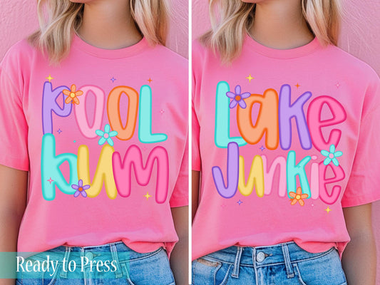Preppy Bright Summer Pool Bum, Lake Junkie - Ready to Press DTF Transfers