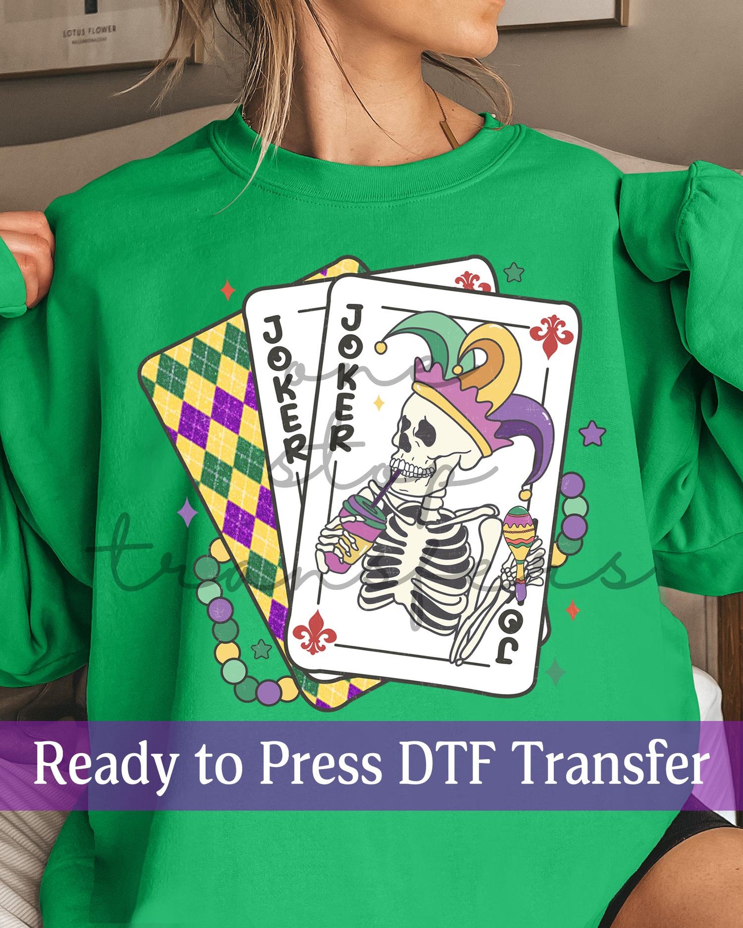 Mardi Gras Skeleton Joker Argyle Playing Cards - Ready to Press DTF Transfers