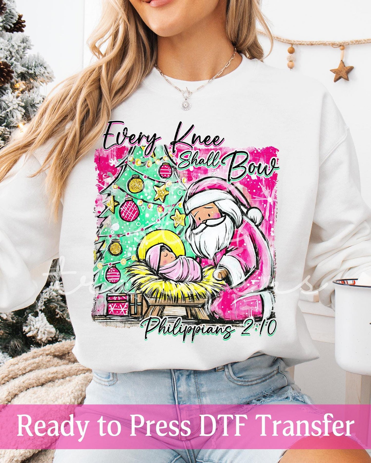 Watercolor Every Knee Shall Bow Philippians 2:10 Santa and Baby Jesus - Ready to Press DTF Transfers