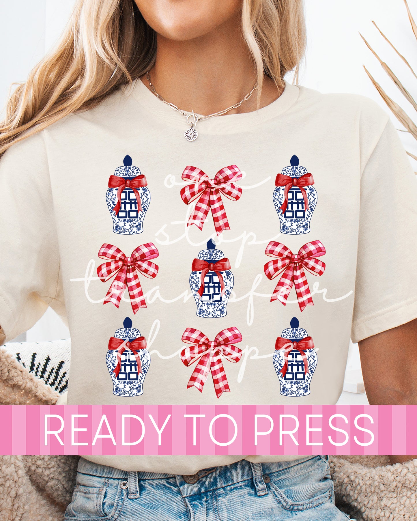 Patriotic Coquette Chinoiserie Ginger Jars and Bows - Ready to Press DTF Transfers