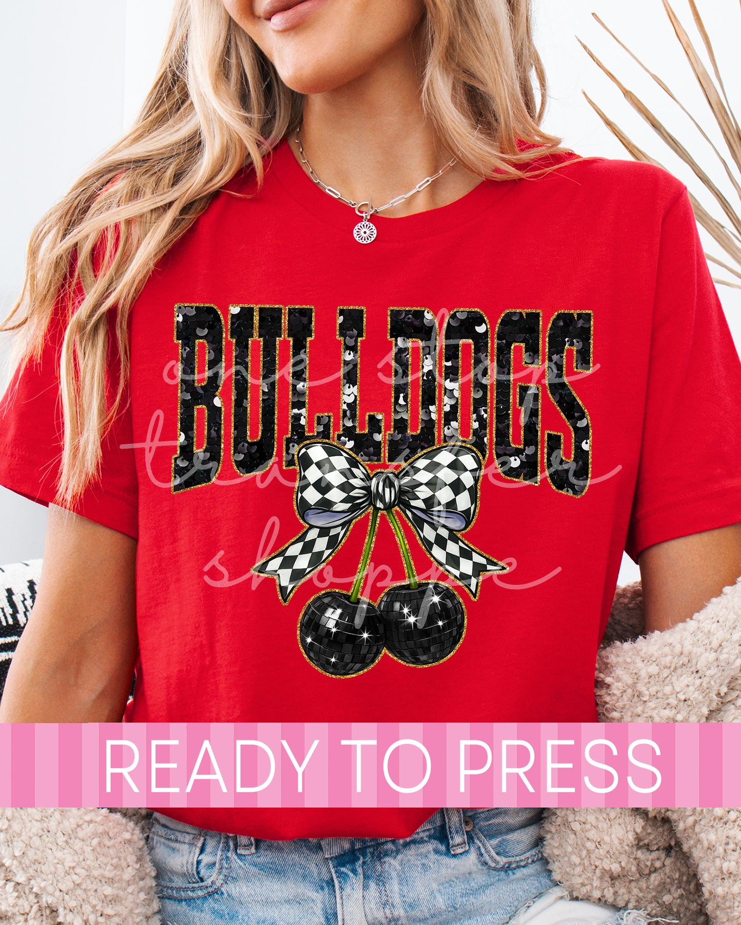 Faux Sequin Coquette Cherries Black Bulldogs - Ready to Press DTF Transfers