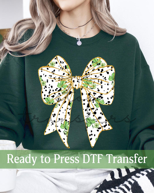 St. Patrick's Day Coquette Dalmatian Dots and Clovers Bow - Ready to Press DTF Transfers