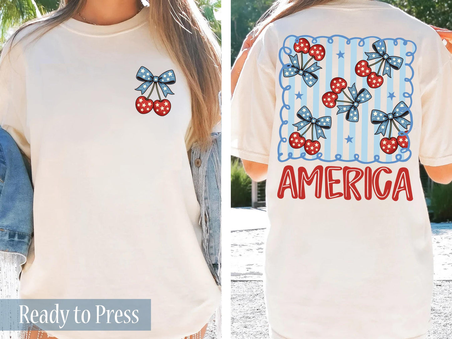 Preppy Denim America Cherries 4th of July - Ready to Press DTF Transfers