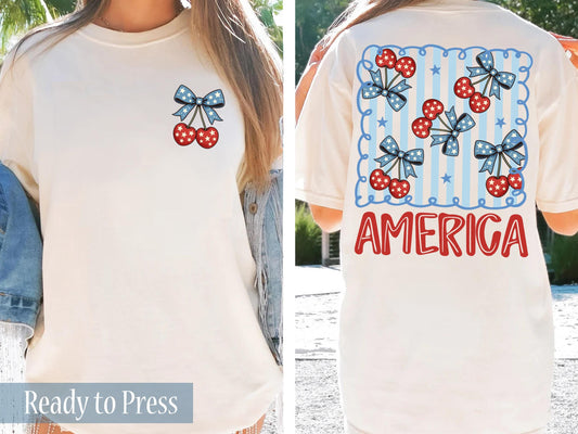 Preppy Denim America Cherries 4th of July - Ready to Press DTF Transfers