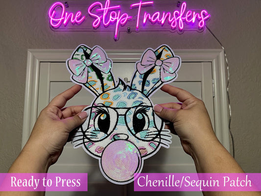Pastel Bunny Blowing Bubble Chenille Sequin Iron On Patch - Ready to Press Patches