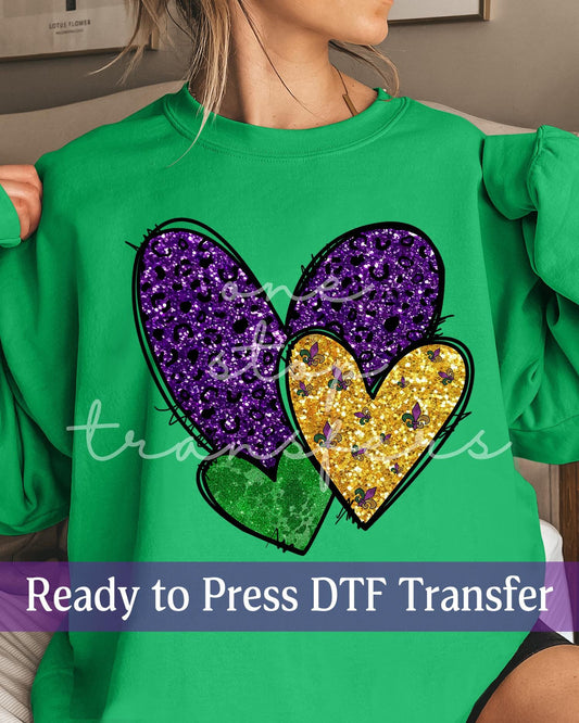 Faux Glitter Mardi Gras Hearts - Ready to Press DTF Transfers