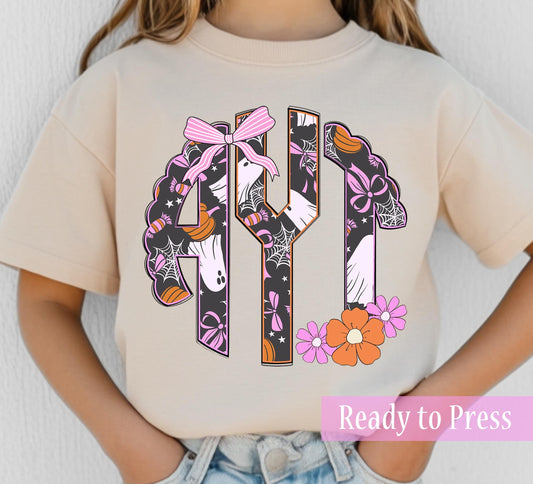 Cute Halloween Ghosts Scallop Circle Monogram - Ready to Press DTF Transfers