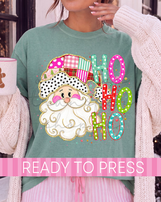 Whimsy Colorful Patchwork Ho Ho Ho Santa  - Ready to Press DTF Transfers
