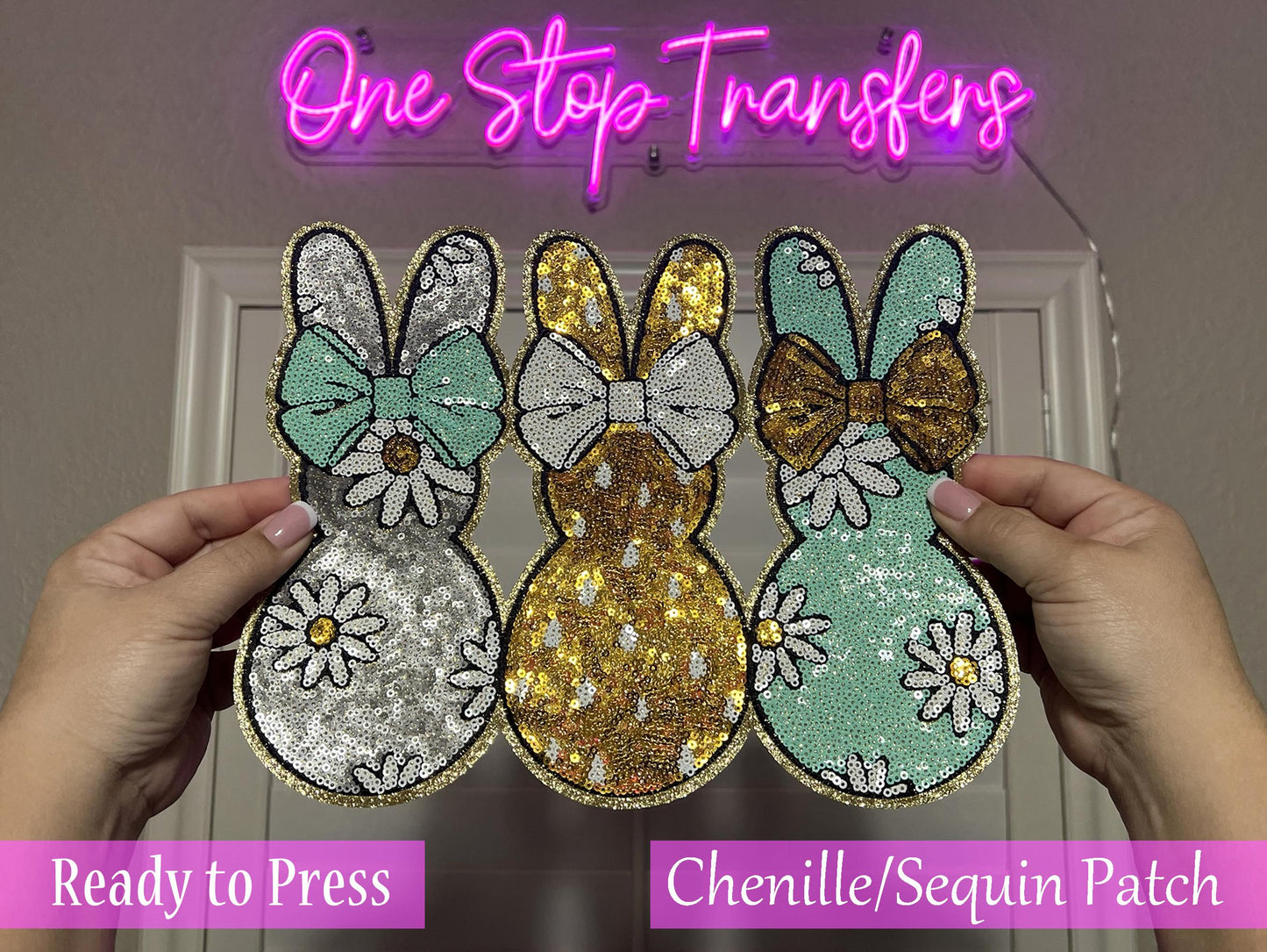 Pastel Trio Floral Bunnies Sequin Iron On Patch - Ready to Press Patches