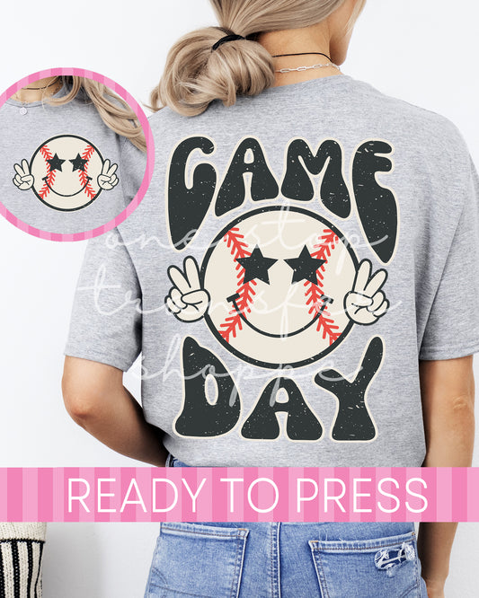 Retro Smiley Face Baseball Game Day - Ready to Press DTF Transfers