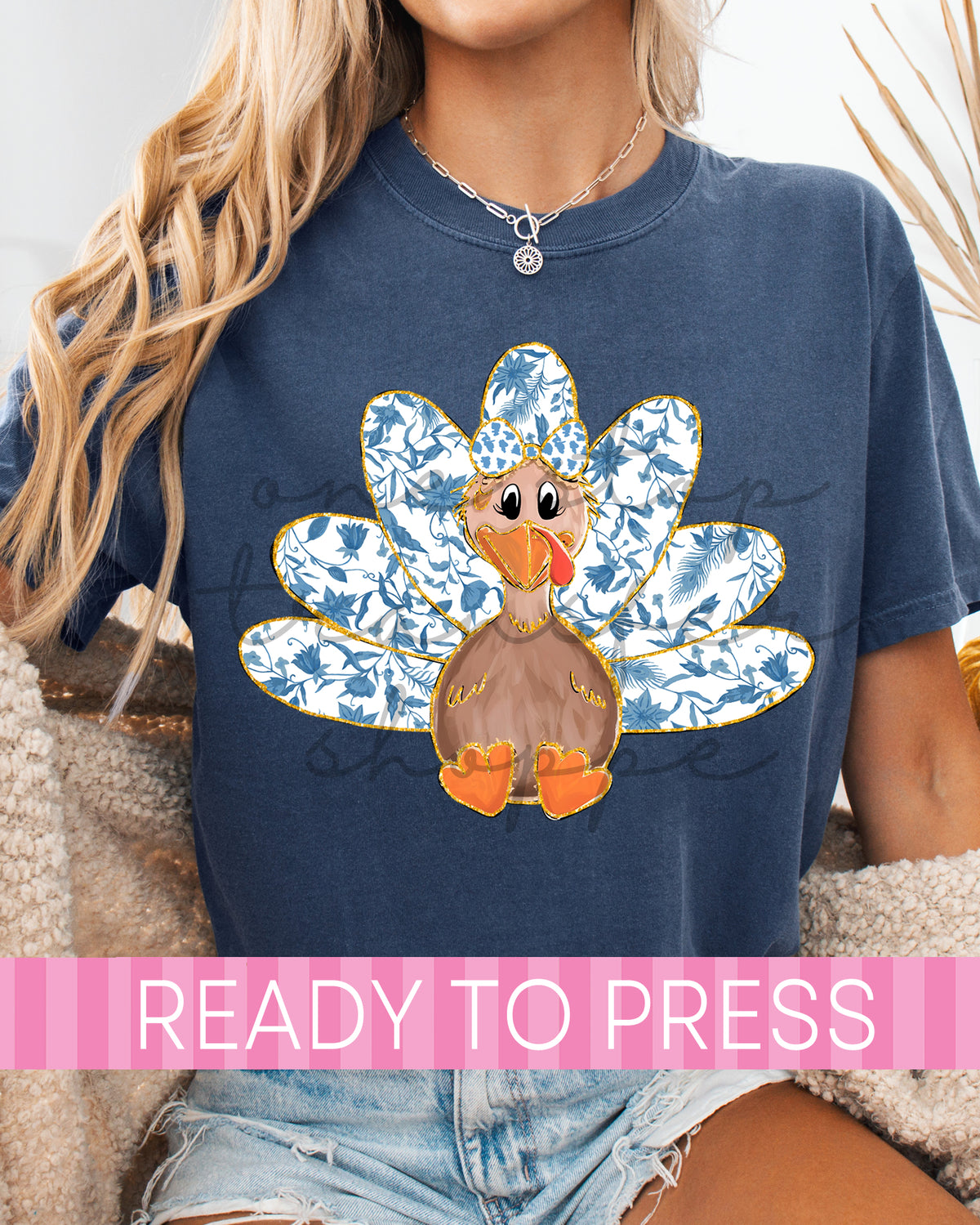 Faux Glitter Blue Chinoiserie Turkey - Ready to Press DTF Transfers
