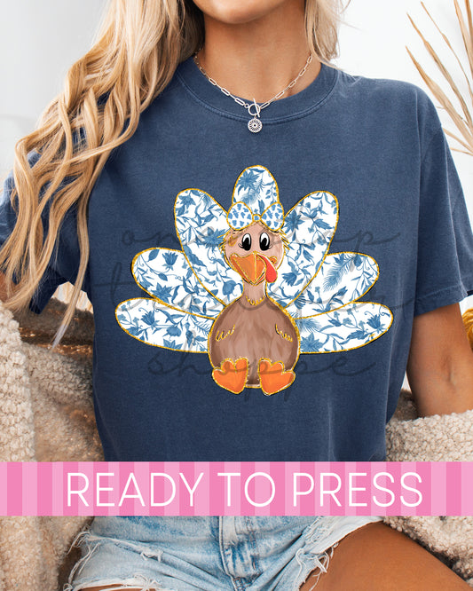 Faux Glitter Blue Chinoiserie Turkey - Ready to Press DTF Transfers