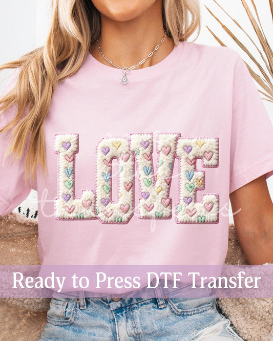 Valentine's Day LOVE Pastel Hearts Faux Chenille Patch - Ready to Press DTF Transfers