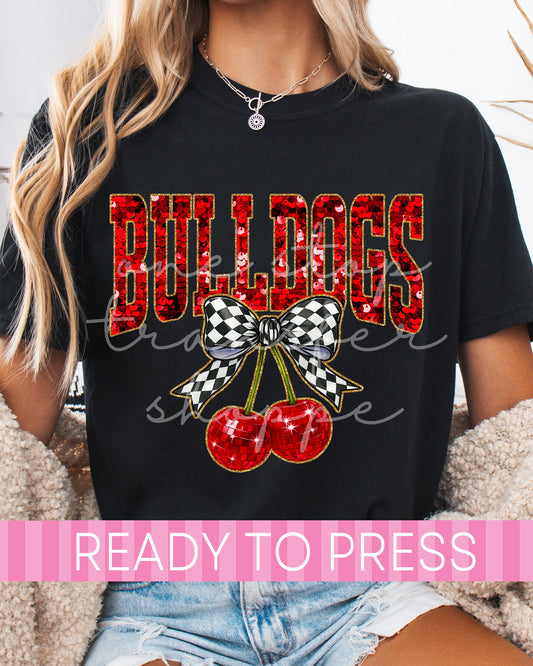 Faux Sequin Coquette Cherries Red Bulldogs - Ready to Press DTF Transfers