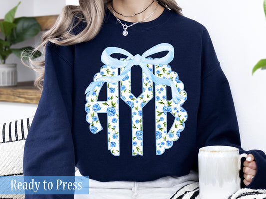 Personalized Mini Blue Roses Scallop Circle Monogram - Ready to Press DTF Transfers