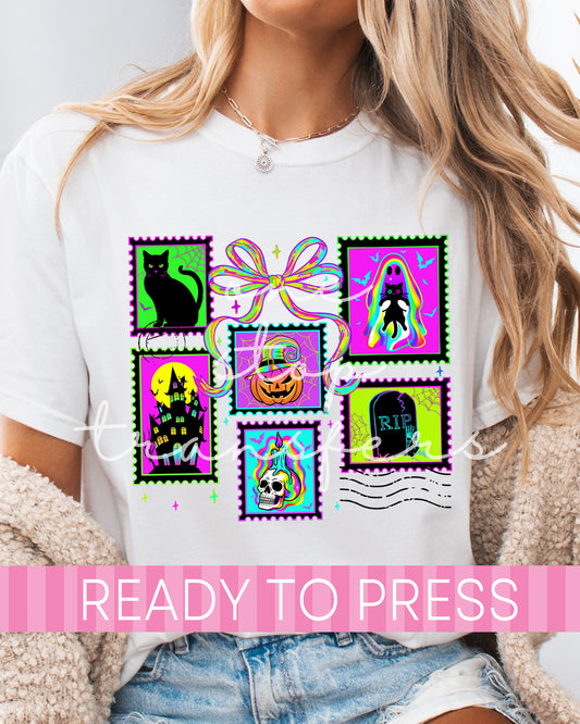 Neon Halloween Postage Stamps - Ready to Press DTF Transfers