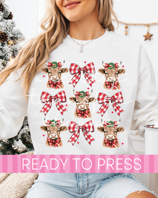 Red Gingham Coquette Christmas Highland Cow - Ready to Press DTF Transfers